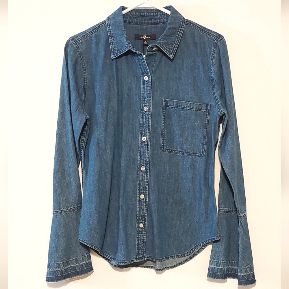 7 For All Man Kind Women's Flared Sleeve Button-Down Denim Shirt NWT Size S - Picture 4 of 12